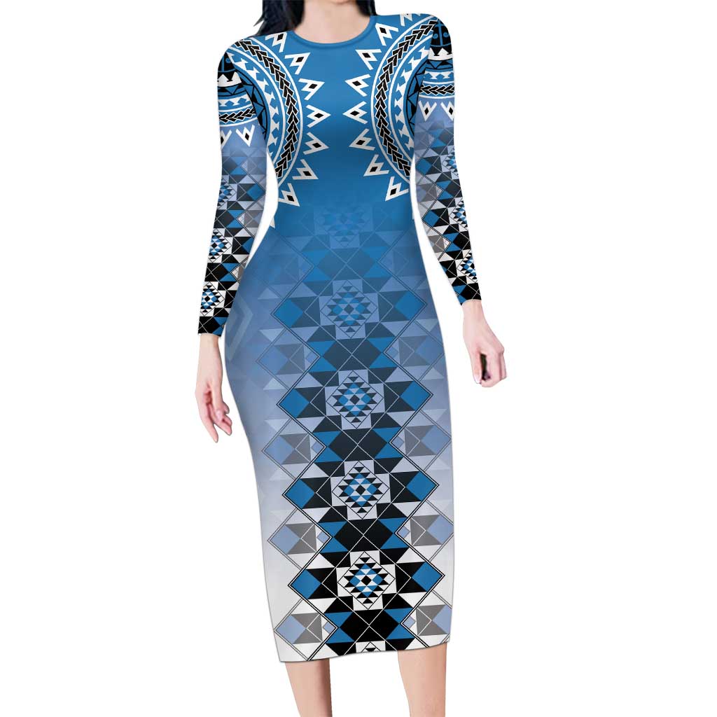 New Zealand Long Sleeve Bodycon Dress Poutama Mix Blue Taniko Inspired Art LT05 Long Dress Blue - Polynesian Pride