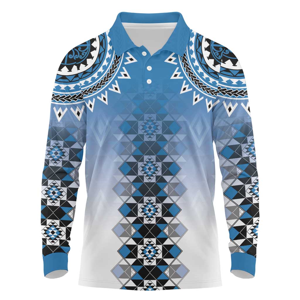 New Zealand Long Sleeve Polo Shirt Poutama Mix Blue Taniko Inspired Art LT05 Blue - Polynesian Pride