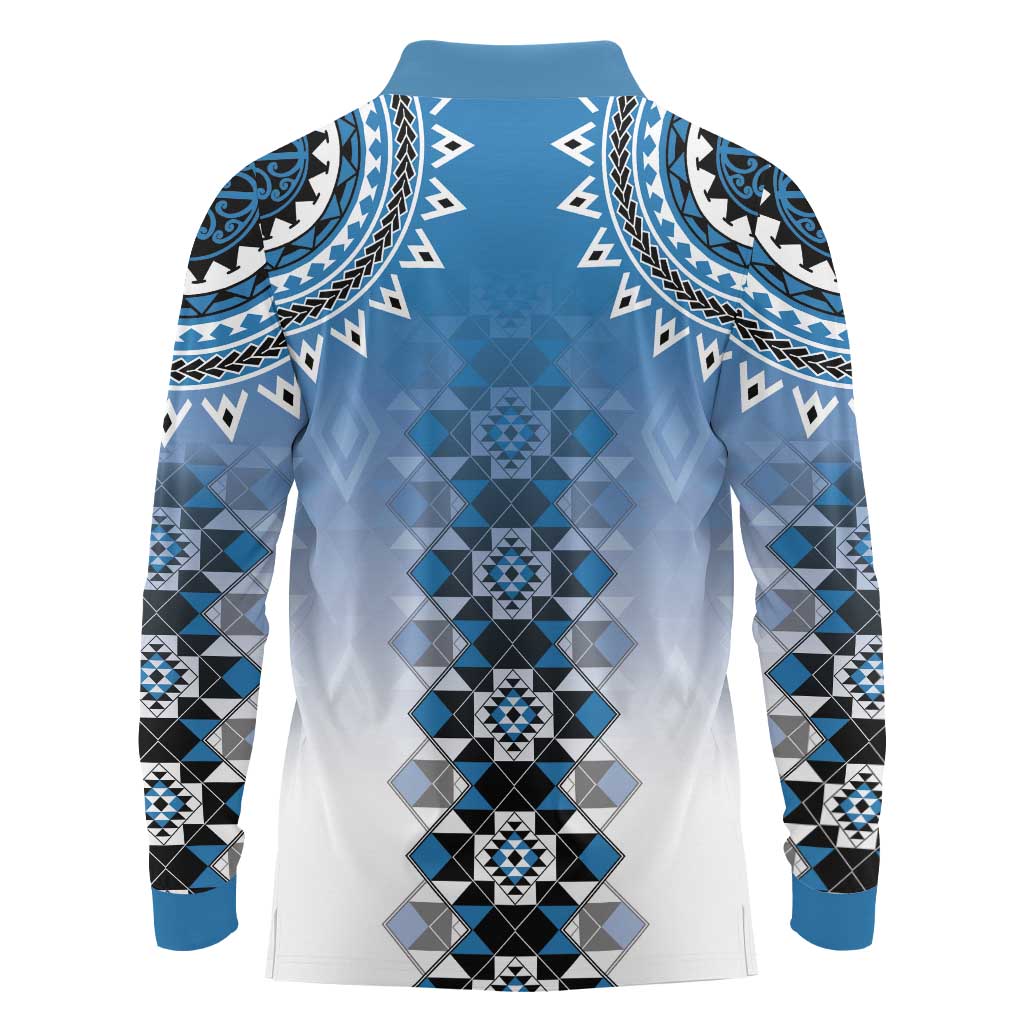 New Zealand Long Sleeve Polo Shirt Poutama Mix Blue Taniko Inspired Art LT05 - Polynesian Pride