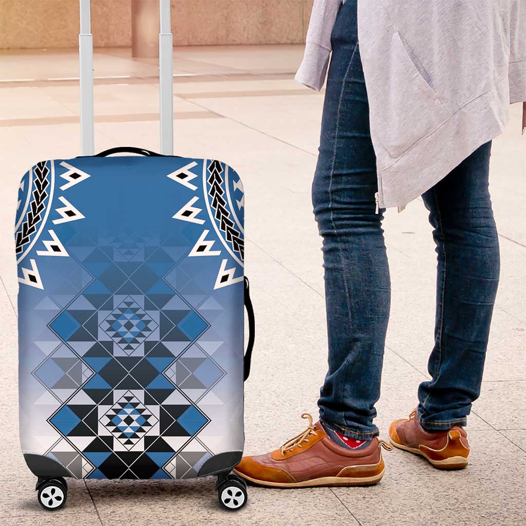 New Zealand Luggage Cover Poutama Mix Blue Taniko Inspired Art LT05