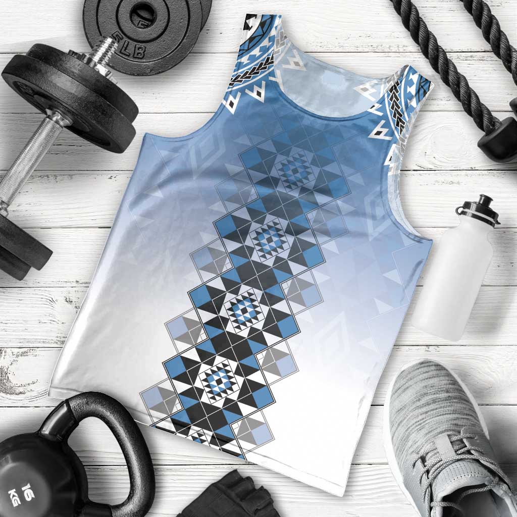 New Zealand Men Tank Top Poutama Mix Blue Taniko Inspired Art LT05