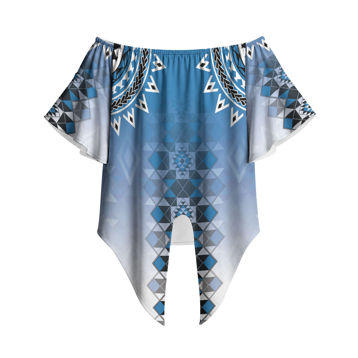 New Zealand Off Shoulder Wrap Waist Top Poutama Mix Blue Taniko Inspired Art LT05 Blue - Polynesian Pride
