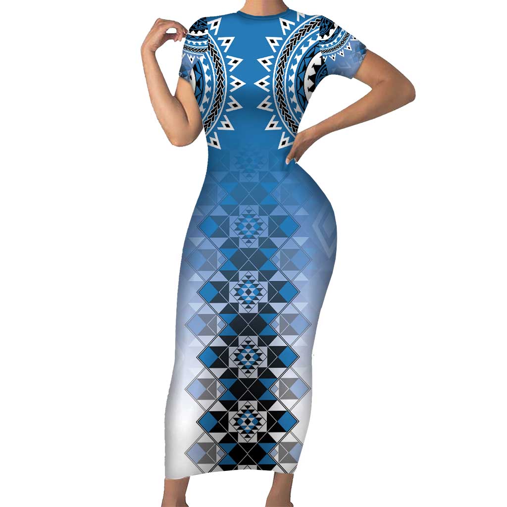 New Zealand Short Sleeve Bodycon Dress Poutama Mix Blue Taniko Inspired Art LT05 Long Dress Blue - Polynesian Pride