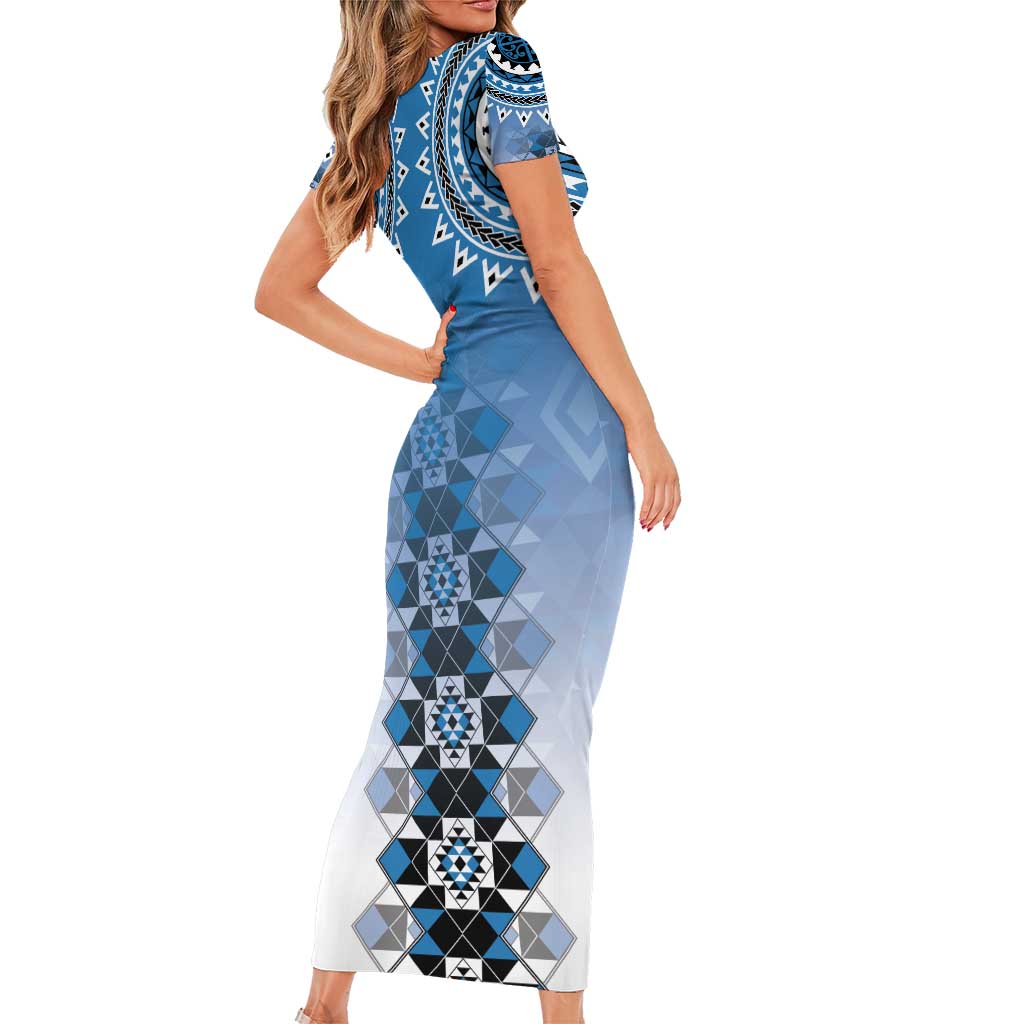 New Zealand Short Sleeve Bodycon Dress Poutama Mix Blue Taniko Inspired Art LT05 - Polynesian Pride