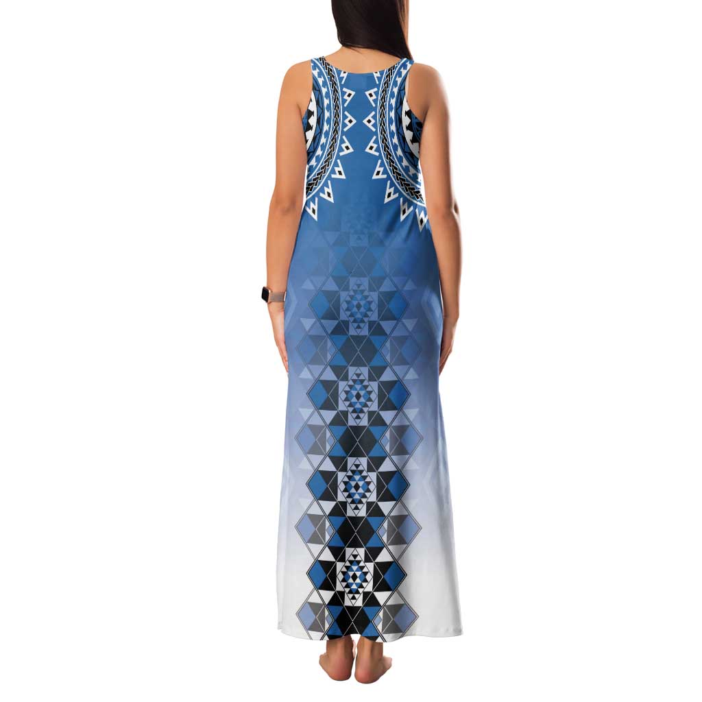 New Zealand Tank Maxi Dress Poutama Mix Blue Taniko Inspired Art LT05 - Polynesian Pride