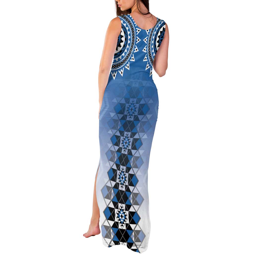 New Zealand Tank Maxi Dress Poutama Mix Blue Taniko Inspired Art LT05 - Polynesian Pride