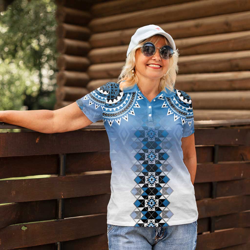 New Zealand Women Polo Shirt Poutama Mix Blue Taniko Inspired Art LT05