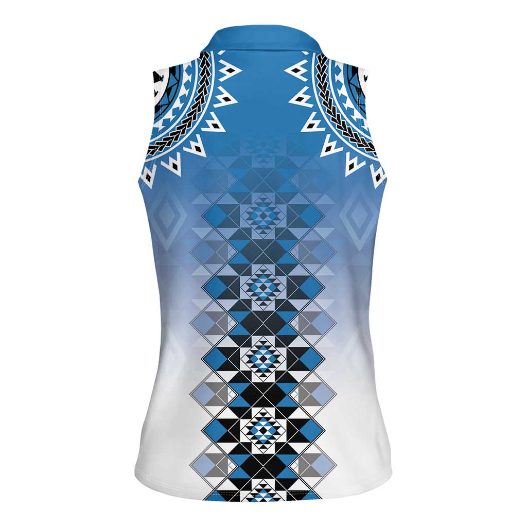 New Zealand Women Sleeveless Polo Shirt Poutama Mix Blue Taniko Inspired Art LT05 - Polynesian Pride