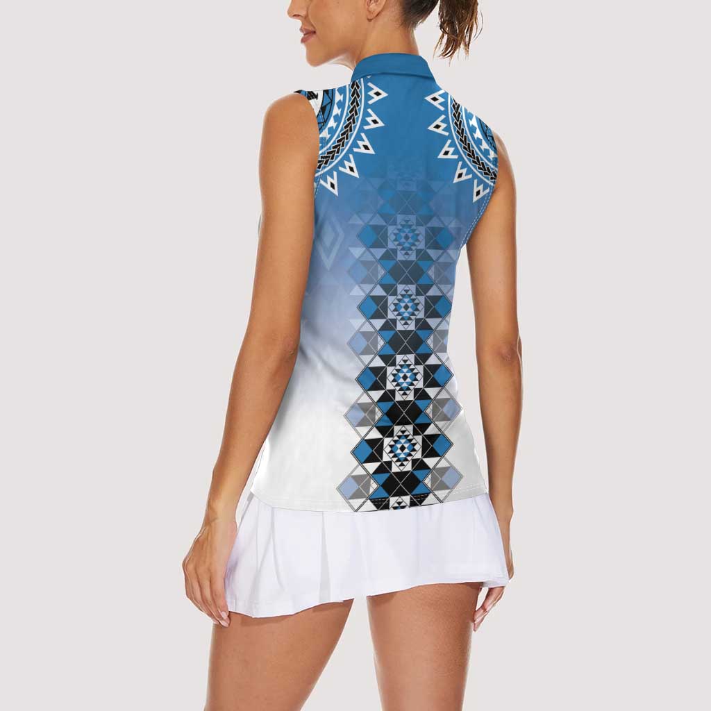 New Zealand Women Sleeveless Polo Shirt Poutama Mix Blue Taniko Inspired Art LT05 - Polynesian Pride