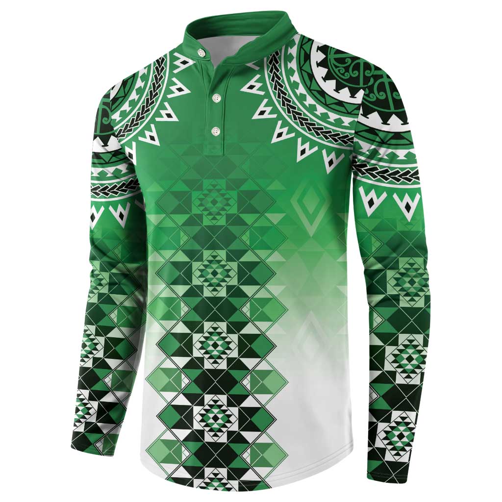 New Zealand Button Sweatshirt Poutama Mix Green Taniko Inspired Art LT05
