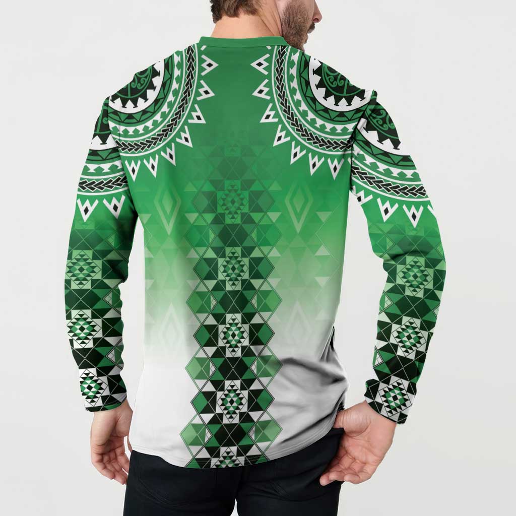 New Zealand Button Sweatshirt Poutama Mix Green Taniko Inspired Art LT05