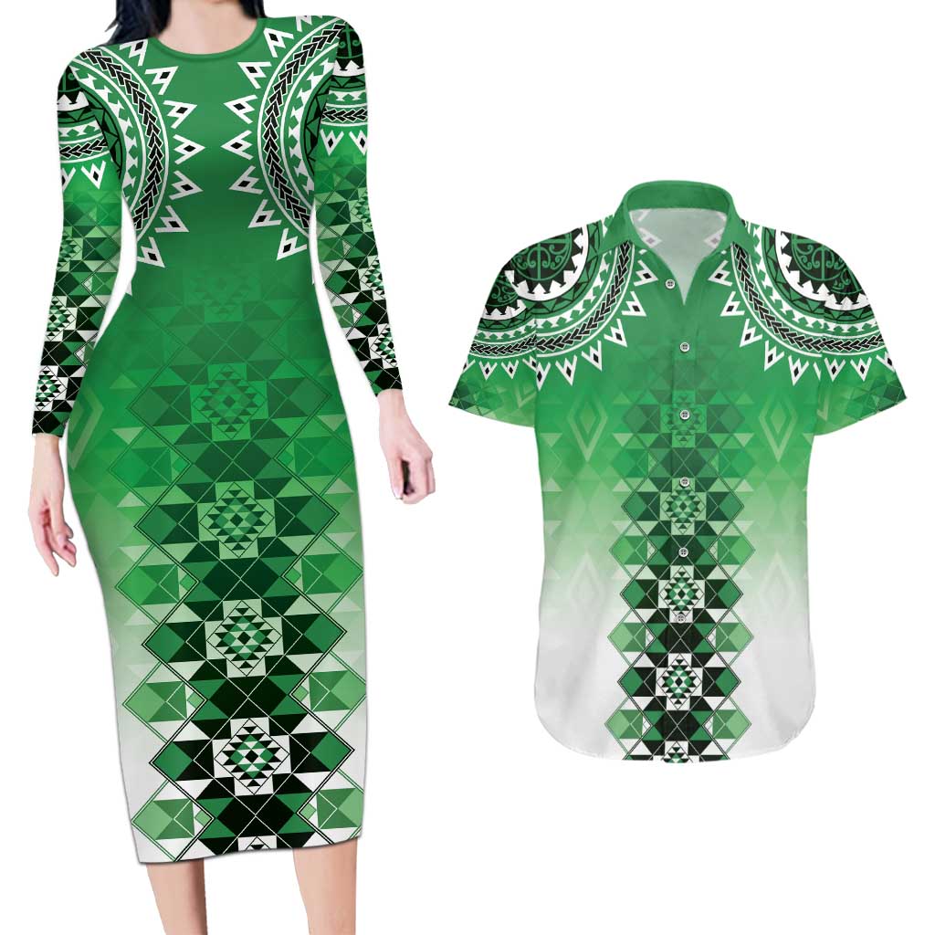 New Zealand Couples Matching Long Sleeve Bodycon Dress and Hawaiian Shirt Poutama Mix Green Taniko Inspired Art LT05 Green - Polynesian Pride