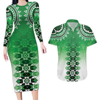 New Zealand Couples Matching Long Sleeve Bodycon Dress and Hawaiian Shirt Poutama Mix Green Taniko Inspired Art LT05 Green - Polynesian Pride