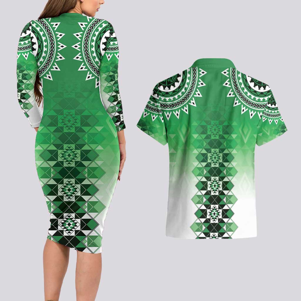 New Zealand Couples Matching Long Sleeve Bodycon Dress and Hawaiian Shirt Poutama Mix Green Taniko Inspired Art LT05 - Polynesian Pride