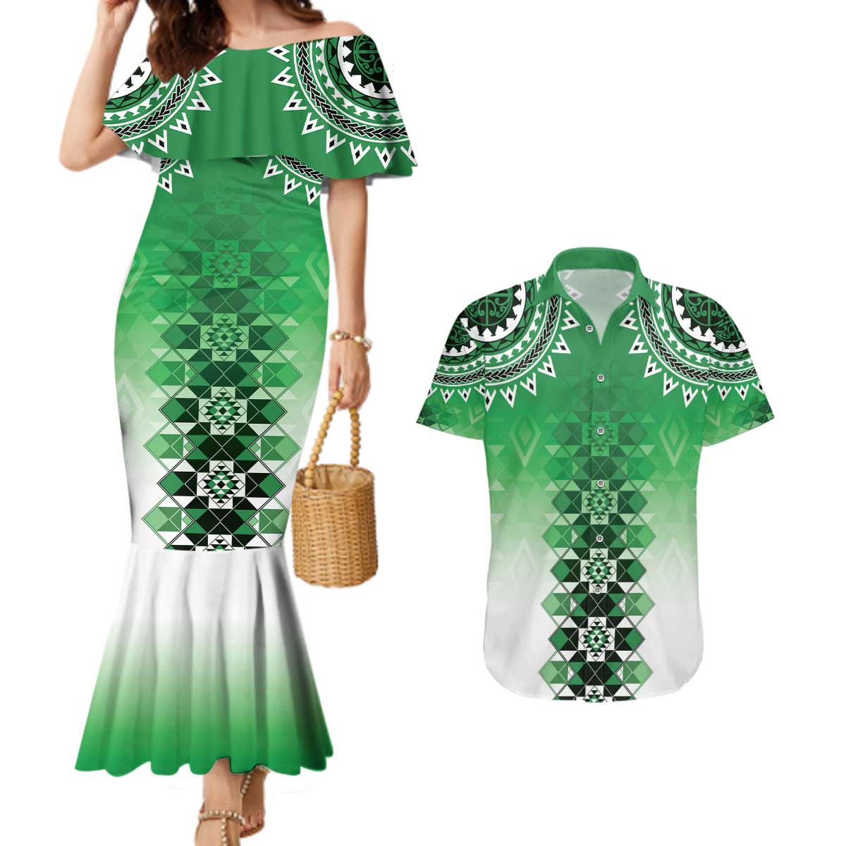 New Zealand Couples Matching Mermaid Dress and Hawaiian Shirt Poutama Mix Green Taniko Inspired Art LT05 Green - Polynesian Pride
