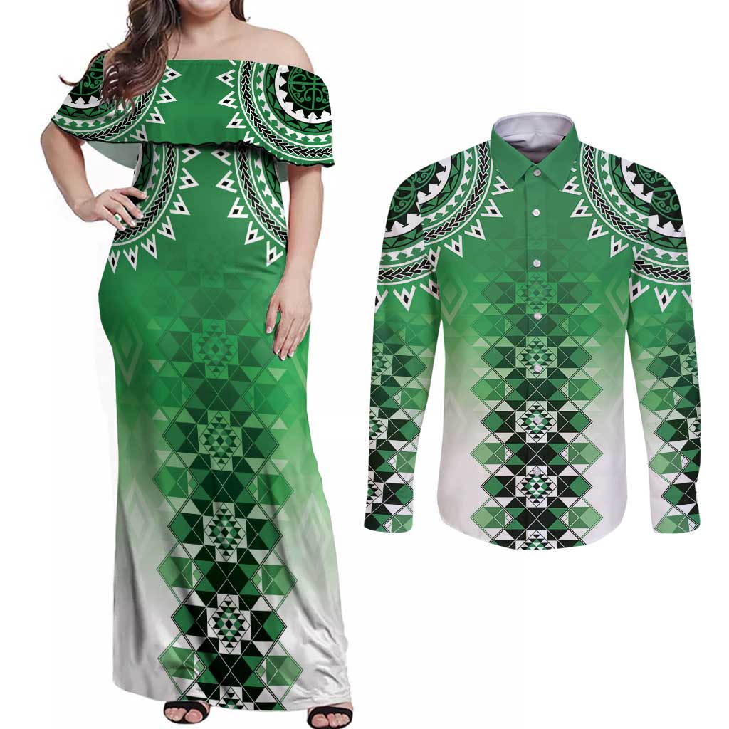 New Zealand Couples Matching Off Shoulder Maxi Dress and Long Sleeve Button Shirt Poutama Mix Green Taniko Inspired Art LT05 Green - Polynesian Pride