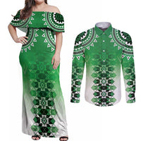 New Zealand Couples Matching Off Shoulder Maxi Dress and Long Sleeve Button Shirt Poutama Mix Green Taniko Inspired Art LT05 Green - Polynesian Pride