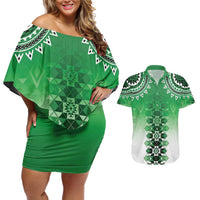New Zealand Couples Matching Off Shoulder Short Dress and Hawaiian Shirt Poutama Mix Green Taniko Inspired Art LT05 Green - Polynesian Pride