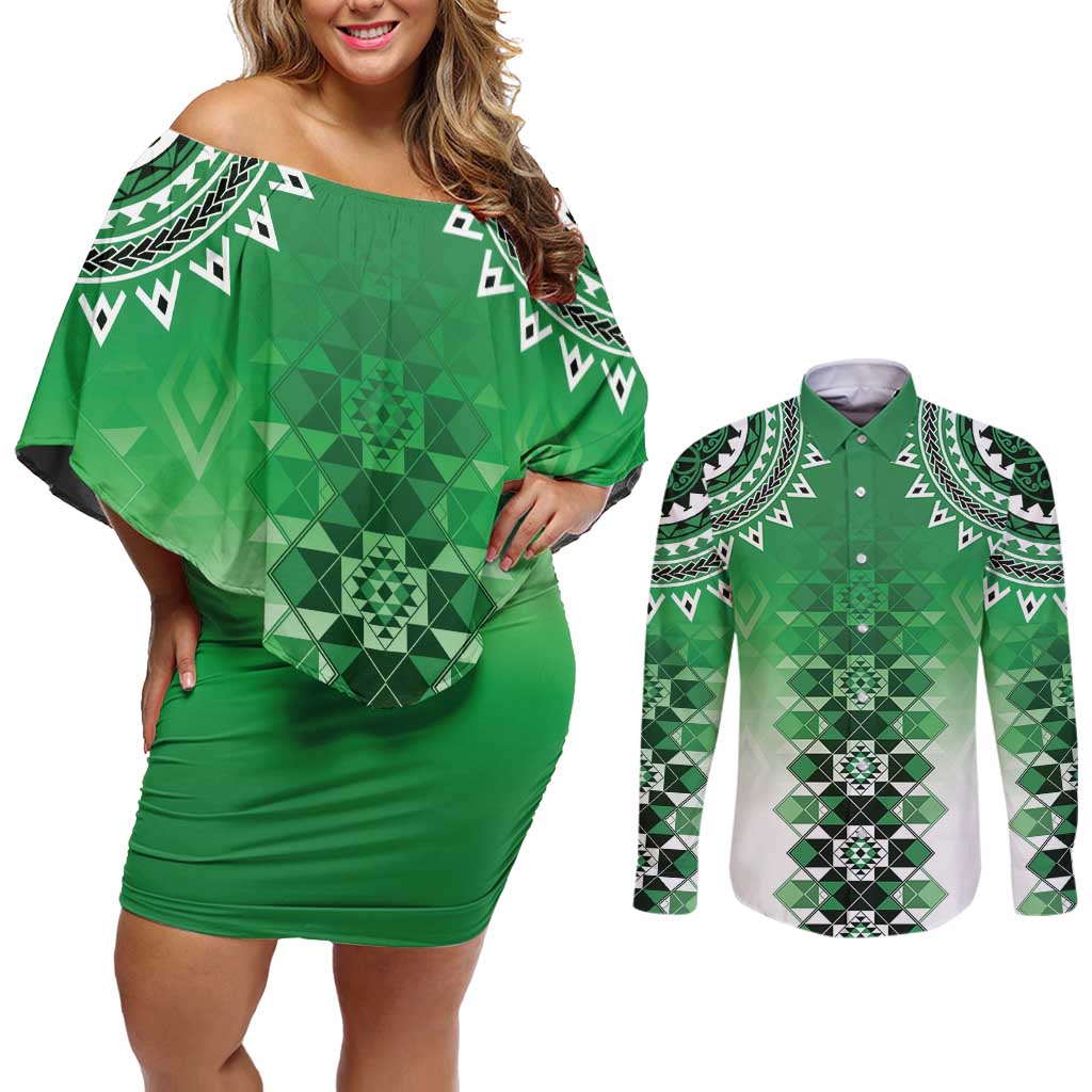 New Zealand Couples Matching Off Shoulder Short Dress and Long Sleeve Button Shirt Poutama Mix Green Taniko Inspired Art LT05 Green - Polynesian Pride