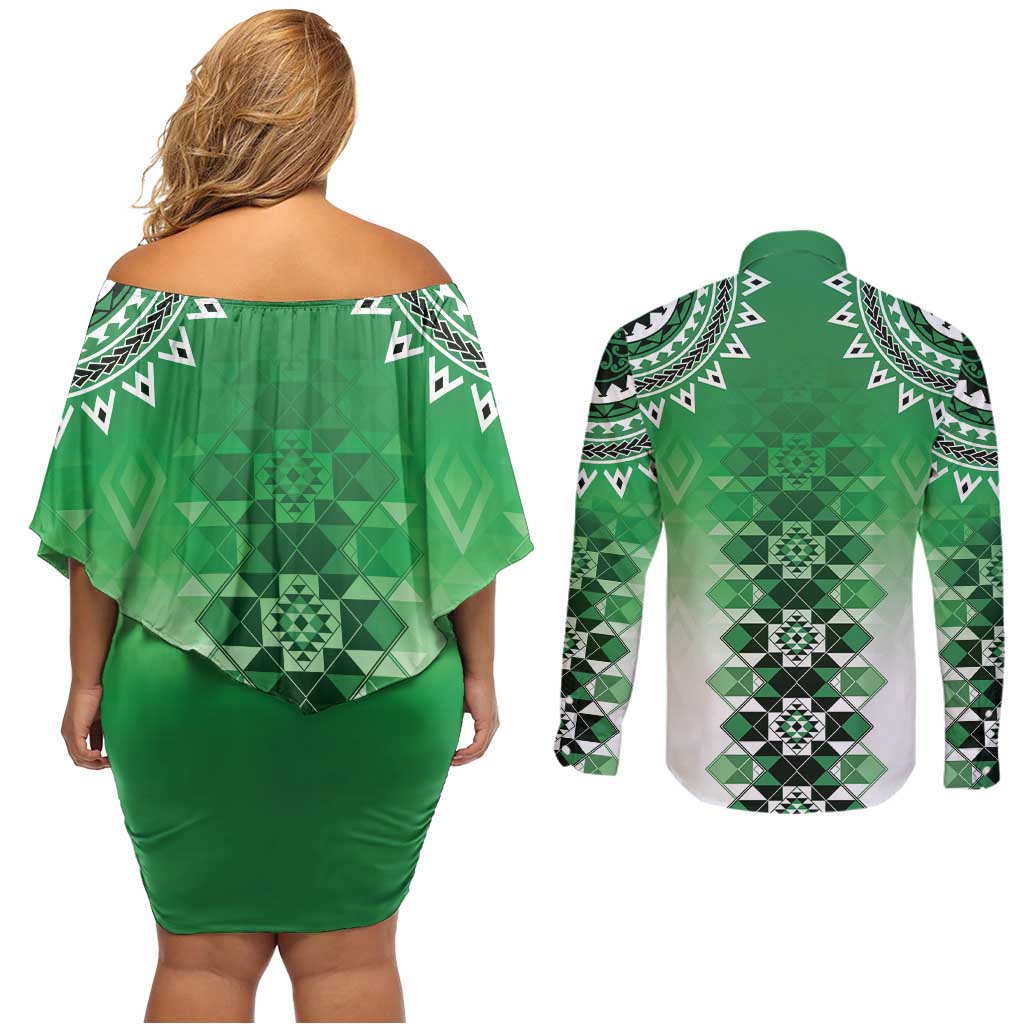 New Zealand Couples Matching Off Shoulder Short Dress and Long Sleeve Button Shirt Poutama Mix Green Taniko Inspired Art LT05 - Polynesian Pride