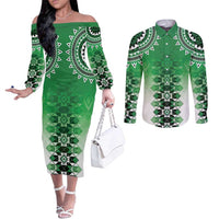 New Zealand Couples Matching Off The Shoulder Long Sleeve Dress and Long Sleeve Button Shirt Poutama Mix Green Taniko Inspired Art LT05 Green - Polynesian Pride