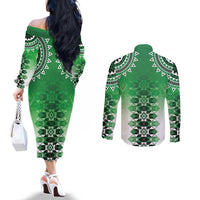 New Zealand Couples Matching Off The Shoulder Long Sleeve Dress and Long Sleeve Button Shirt Poutama Mix Green Taniko Inspired Art LT05 - Polynesian Pride