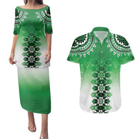 New Zealand Couples Matching Puletasi and Hawaiian Shirt Poutama Mix Green Taniko Inspired Art LT05 Green - Polynesian Pride