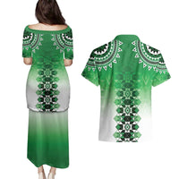 New Zealand Couples Matching Puletasi and Hawaiian Shirt Poutama Mix Green Taniko Inspired Art LT05 - Polynesian Pride