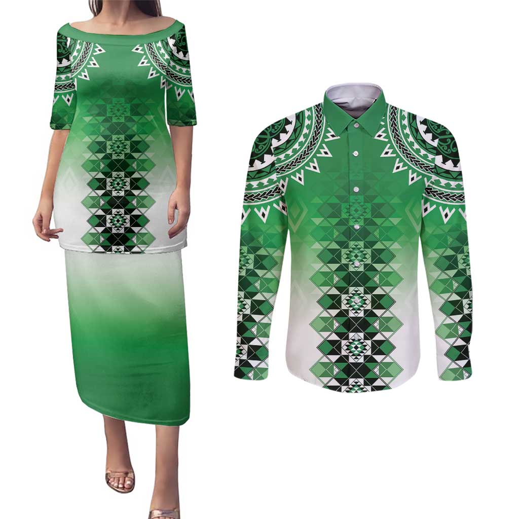 New Zealand Couples Matching Puletasi and Long Sleeve Button Shirt Poutama Mix Green Taniko Inspired Art LT05 Green - Polynesian Pride
