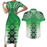 New Zealand Couples Matching Short Sleeve Bodycon Dress and Hawaiian Shirt Poutama Mix Green Taniko Inspired Art LT05 Green - Polynesian Pride