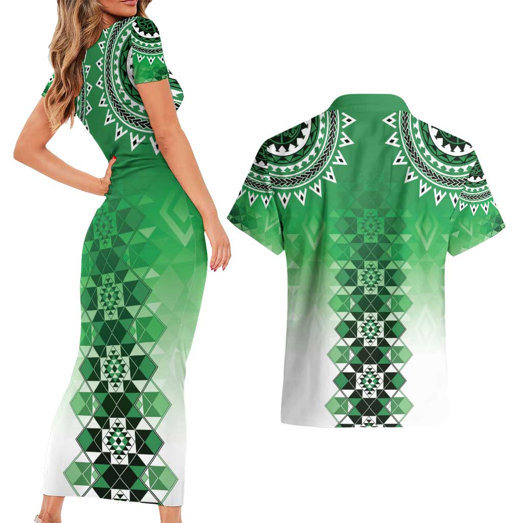 New Zealand Couples Matching Short Sleeve Bodycon Dress and Hawaiian Shirt Poutama Mix Green Taniko Inspired Art LT05 - Polynesian Pride