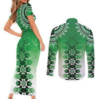 New Zealand Couples Matching Short Sleeve Bodycon Dress and Long Sleeve Button Shirt Poutama Mix Green Taniko Inspired Art LT05 - Polynesian Pride