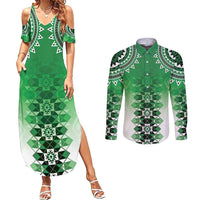 New Zealand Couples Matching Summer Maxi Dress and Long Sleeve Button Shirt Poutama Mix Green Taniko Inspired Art LT05 Green - Polynesian Pride