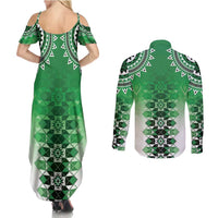 New Zealand Couples Matching Summer Maxi Dress and Long Sleeve Button Shirt Poutama Mix Green Taniko Inspired Art LT05 - Polynesian Pride