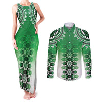 New Zealand Couples Matching Tank Maxi Dress and Long Sleeve Button Shirt Poutama Mix Green Taniko Inspired Art LT05 Green - Polynesian Pride