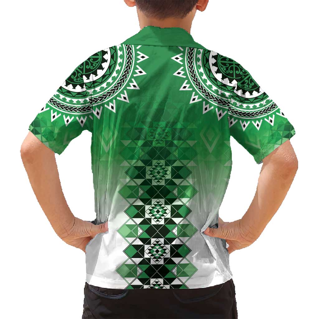 New Zealand Family Matching Long Sleeve Bodycon Dress and Hawaiian Shirt Poutama Mix Green Taniko Inspired Art LT05 - Polynesian Pride
