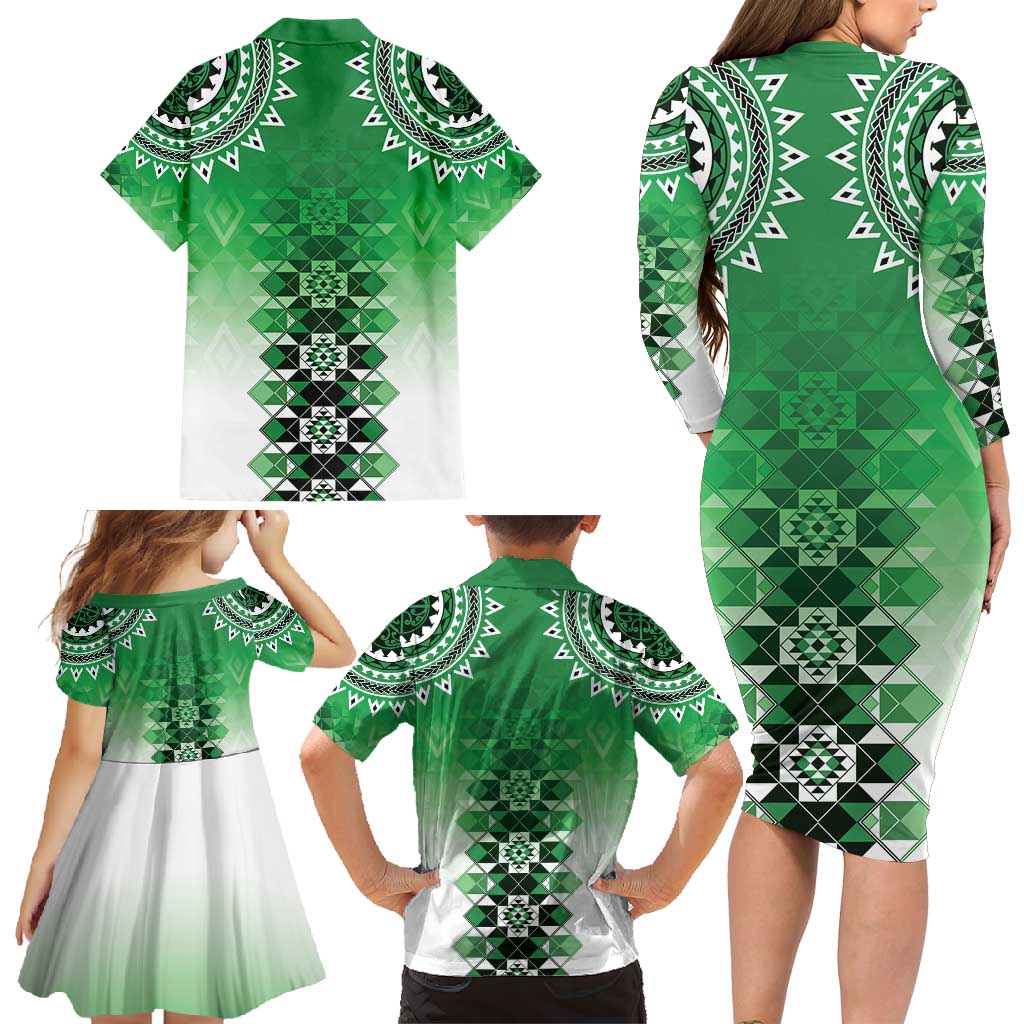 New Zealand Family Matching Long Sleeve Bodycon Dress and Hawaiian Shirt Poutama Mix Green Taniko Inspired Art LT05 - Polynesian Pride