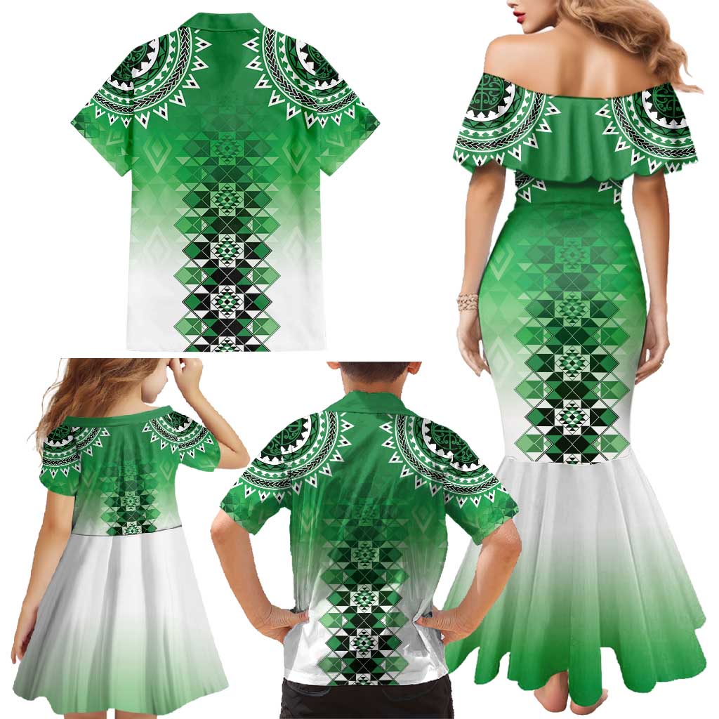 New Zealand Family Matching Mermaid Dress and Hawaiian Shirt Poutama Mix Green Taniko Inspired Art LT05 - Polynesian Pride