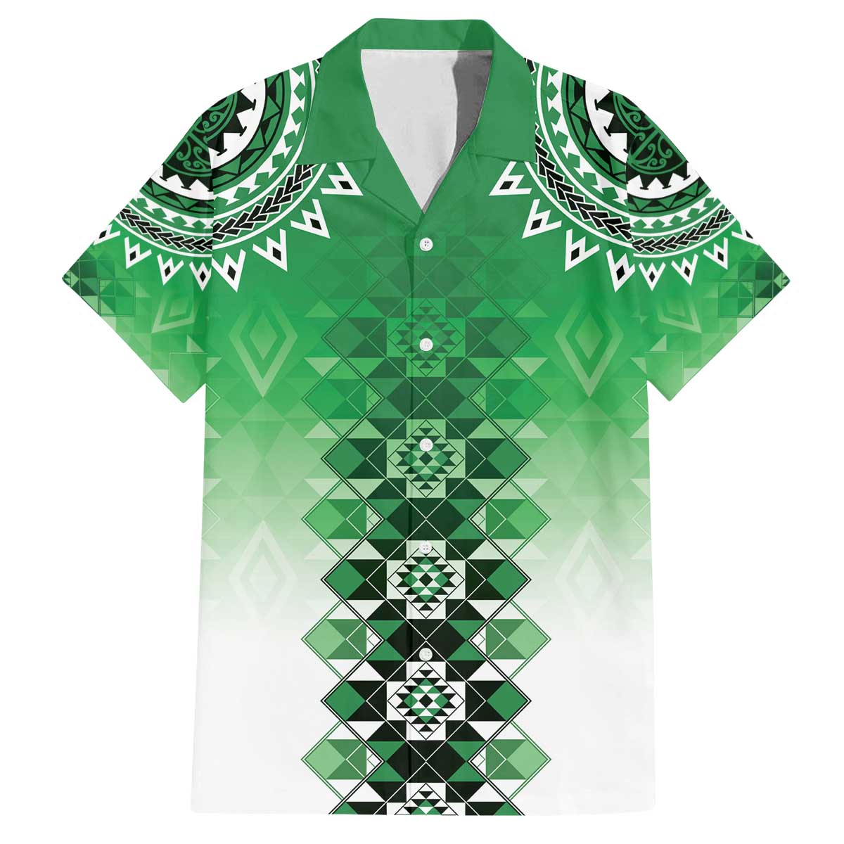New Zealand Family Matching Off The Shoulder Long Sleeve Dress and Hawaiian Shirt Poutama Mix Green Taniko Inspired Art LT05 Dad's Shirt - Short Sleeve Green - Polynesian Pride