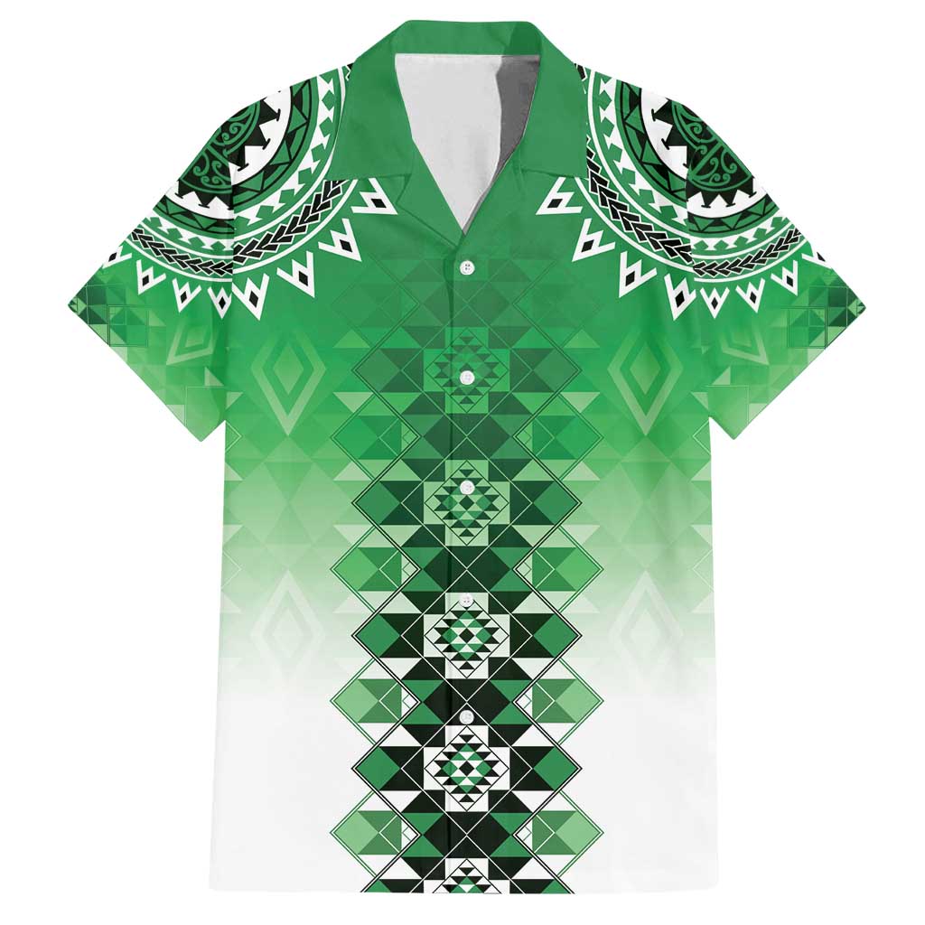 New Zealand Family Matching Off Shoulder Maxi Dress and Hawaiian Shirt Poutama Mix Green Taniko Inspired Art LT05 Dad's Shirt - Short Sleeve Green - Polynesian Pride