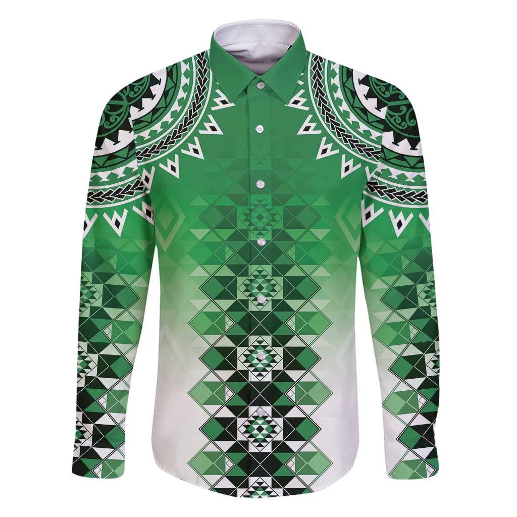 New Zealand Family Matching Off Shoulder Short Dress and Hawaiian Shirt Poutama Mix Green Taniko Inspired Art LT05 Dad's Shirt - Long Sleeve Green - Polynesian Pride
