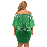 New Zealand Family Matching Off Shoulder Short Dress and Hawaiian Shirt Poutama Mix Green Taniko Inspired Art LT05 - Polynesian Pride