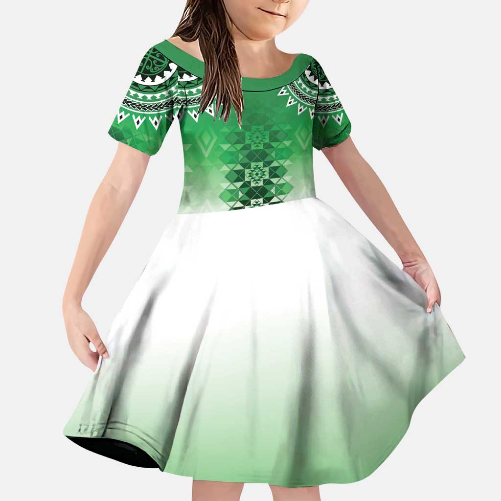 New Zealand Family Matching Puletasi and Hawaiian Shirt Poutama Mix Green Taniko Inspired Art LT05 Daughter's Dress Green - Polynesian Pride