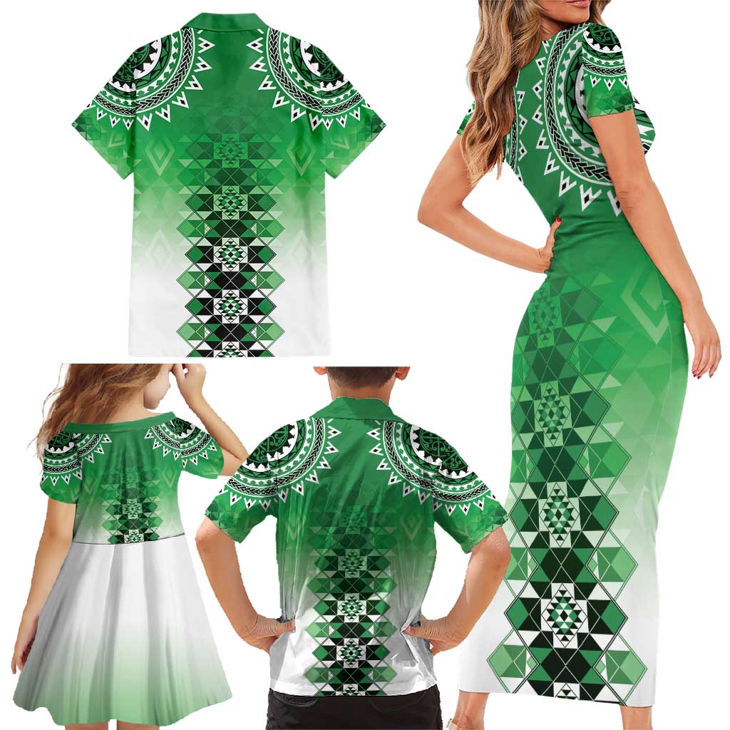 New Zealand Family Matching Short Sleeve Bodycon Dress and Hawaiian Shirt Poutama Mix Green Taniko Inspired Art LT05 - Polynesian Pride