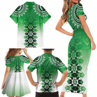New Zealand Family Matching Short Sleeve Bodycon Dress and Hawaiian Shirt Poutama Mix Green Taniko Inspired Art LT05 - Polynesian Pride