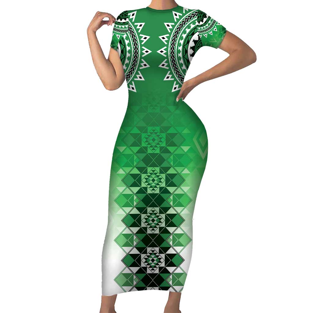 New Zealand Family Matching Short Sleeve Bodycon Dress and Hawaiian Shirt Poutama Mix Green Taniko Inspired Art LT05 Mom's Dress Green - Polynesian Pride