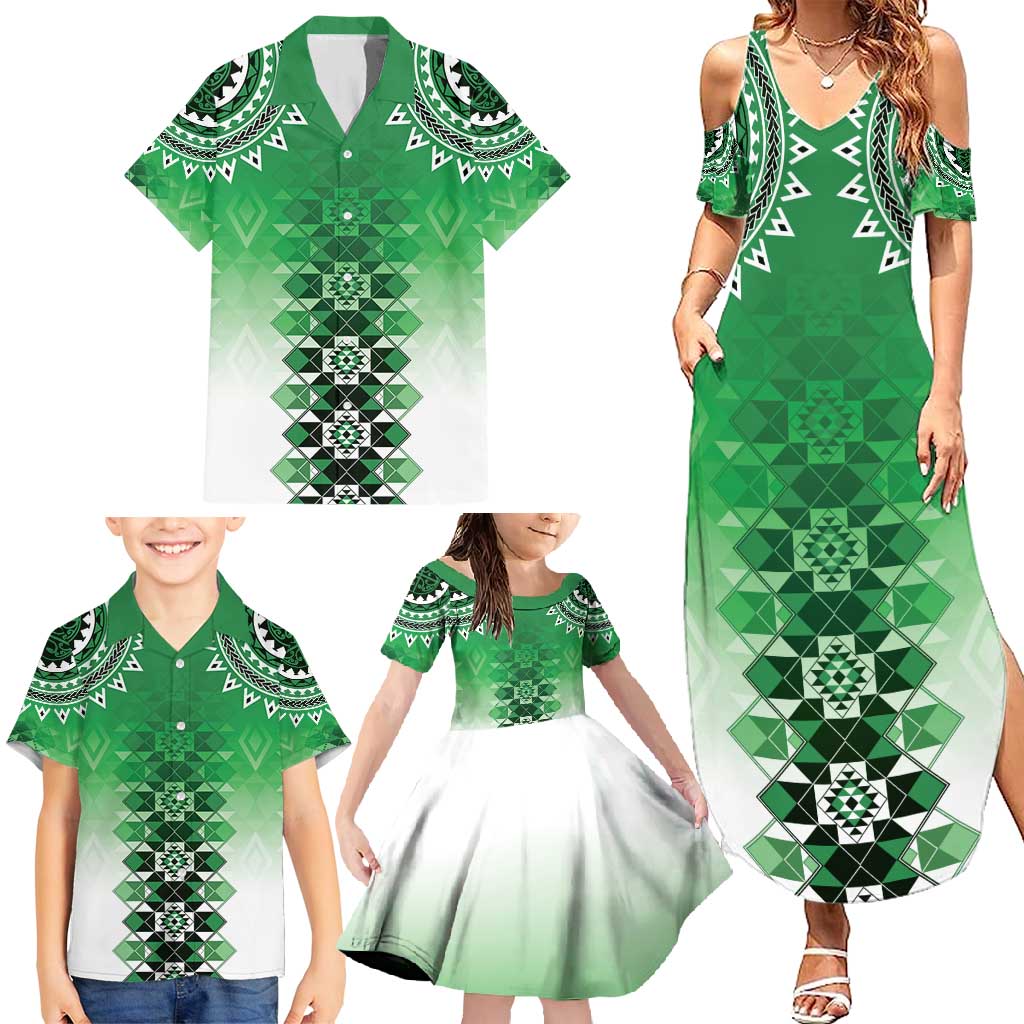 New Zealand Family Matching Summer Maxi Dress and Hawaiian Shirt Poutama Mix Green Taniko Inspired Art LT05 - Polynesian Pride