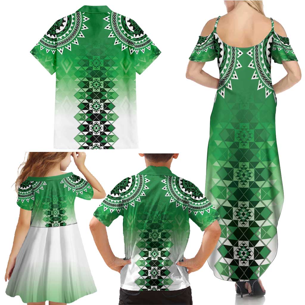 New Zealand Family Matching Summer Maxi Dress and Hawaiian Shirt Poutama Mix Green Taniko Inspired Art LT05 - Polynesian Pride