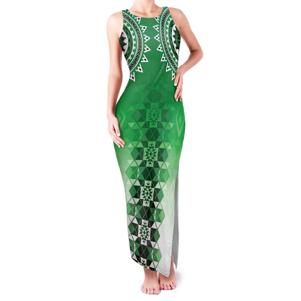 New Zealand Family Matching Tank Maxi Dress and Hawaiian Shirt Poutama Mix Green Taniko Inspired Art LT05 Mom's Dress Green - Polynesian Pride