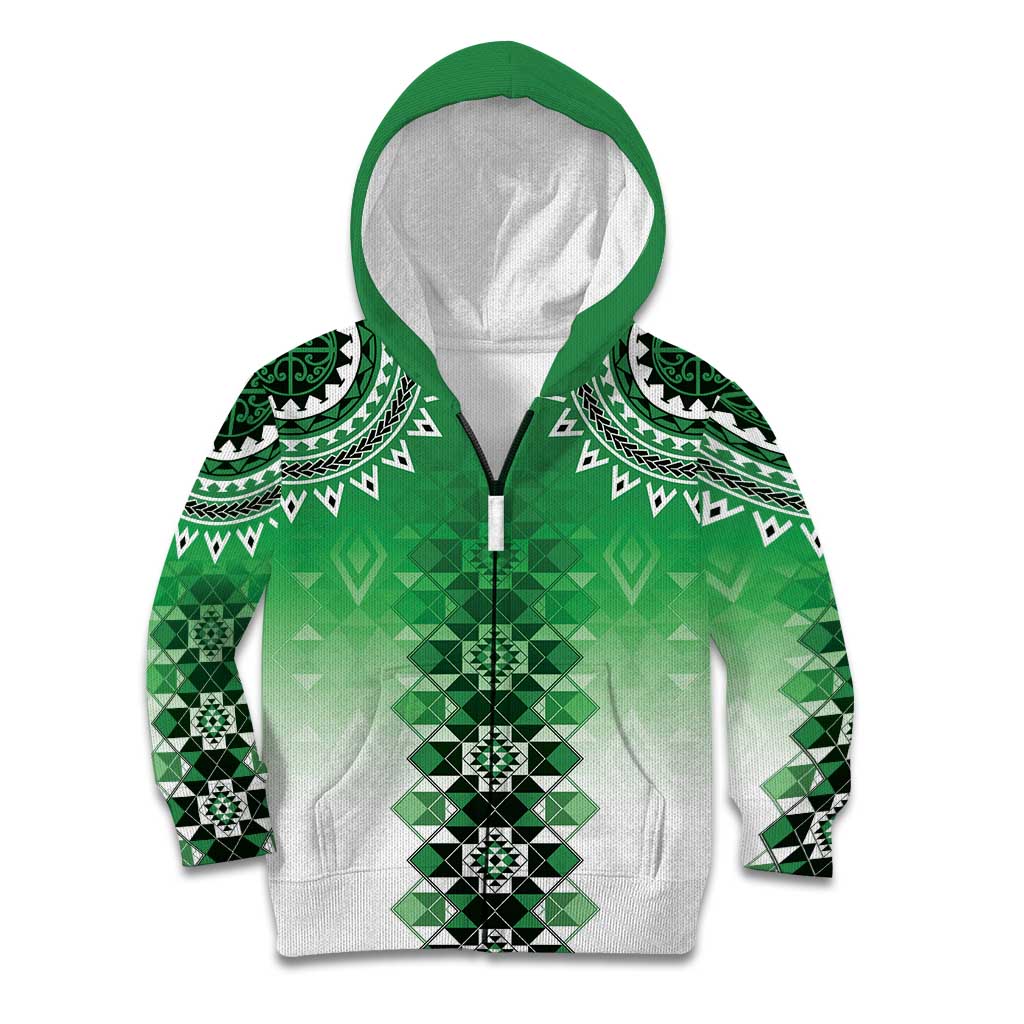 New Zealand Kid Hoodie Poutama Mix Green Taniko Inspired Art LT05 Zip Hoodie Green - Polynesian Pride